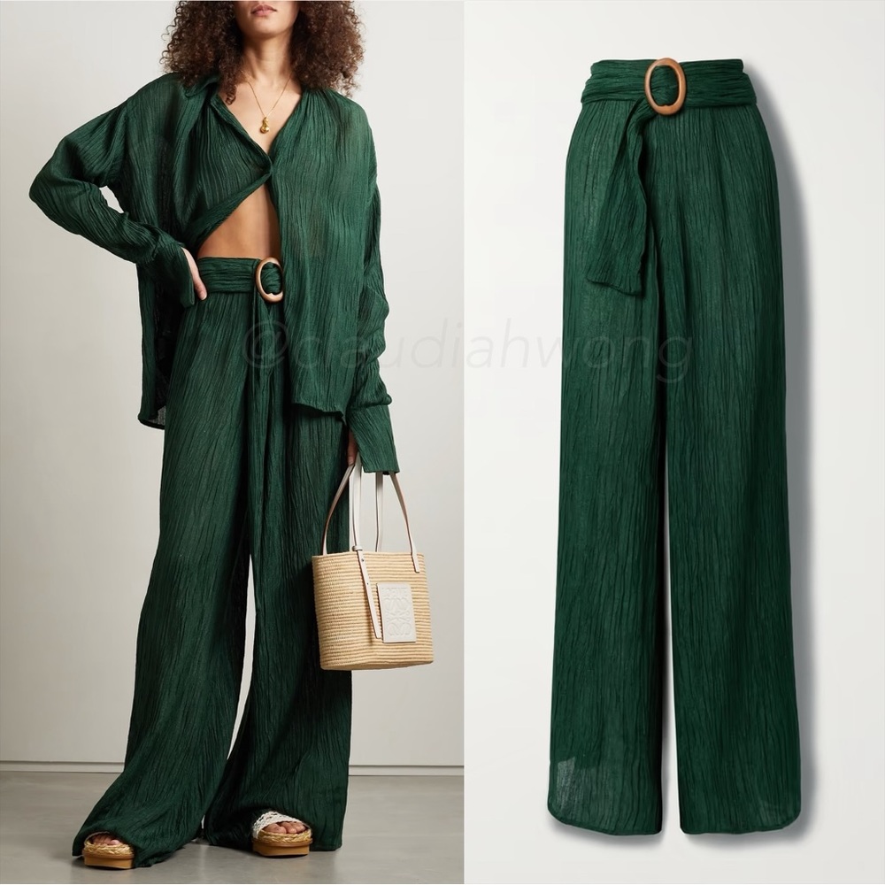 SAVANNAH MORROW Tayen Belted Peace Silk Wide Leg Pants in Emerald Green